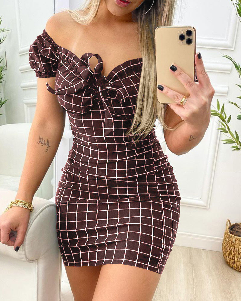 Women Fashion Sexy Plaid Printed Off Shoulder Dress