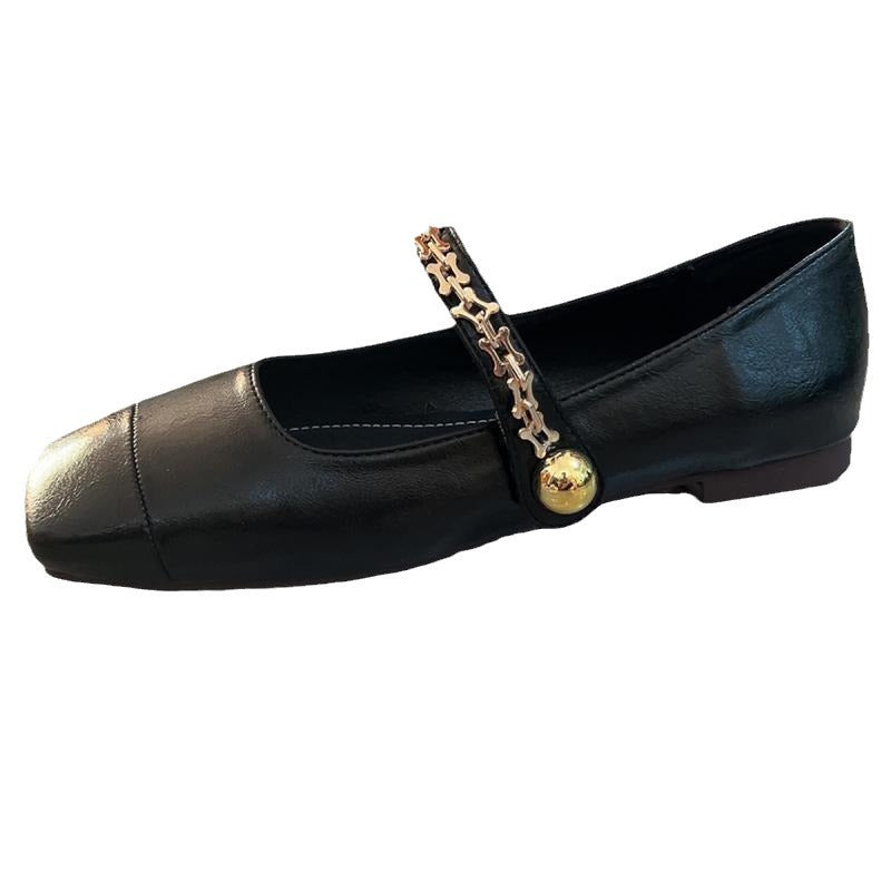 Mocasines Mary Jane de moda para mujer con punta cuadrada y adornos metálicos