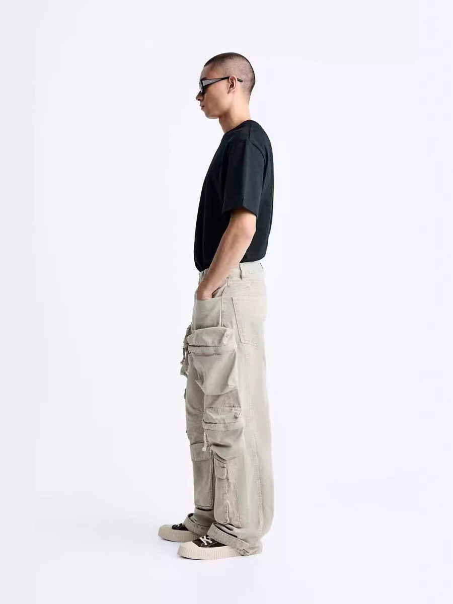 Jean cargo ample à poches et jambes larges pour homme, kaki
