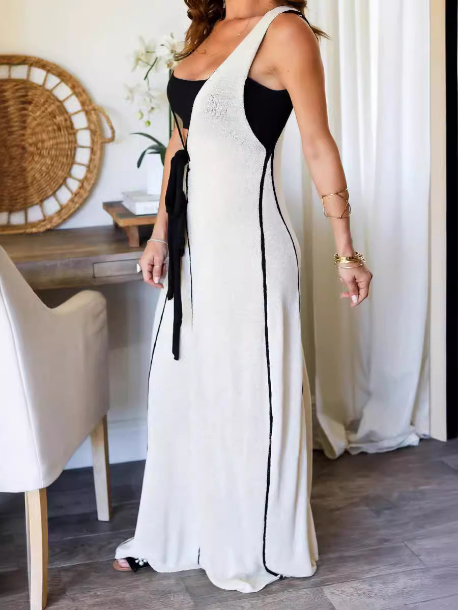 Women Fashion Sexy Contrast Color V Neck Sleeveless Lace Up Long Dress
