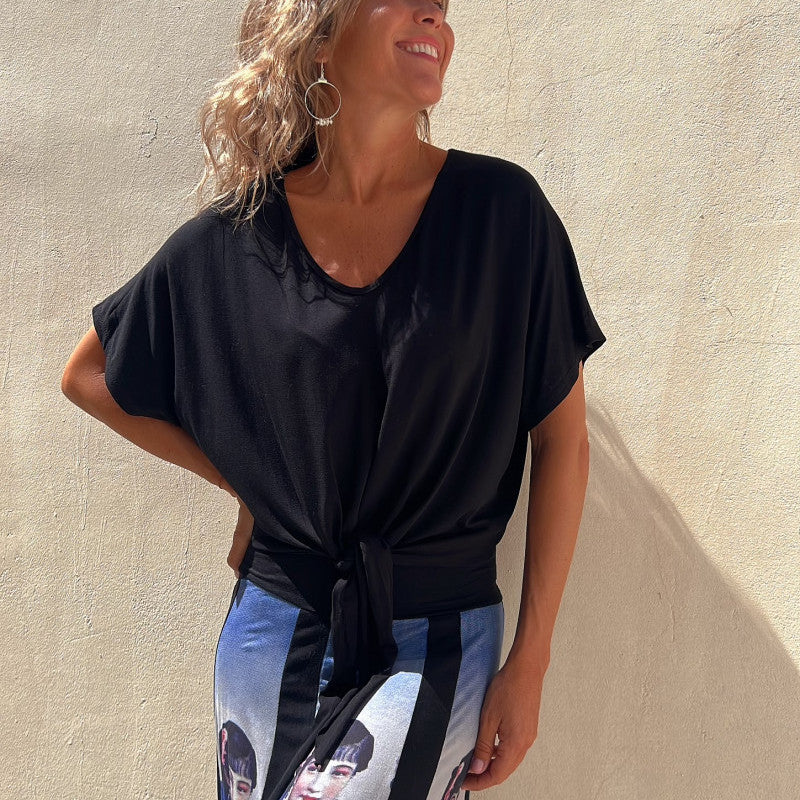 Women Fashion Casual Solid Color Irregular Knotted Hem V Neck Blank T-Shirt