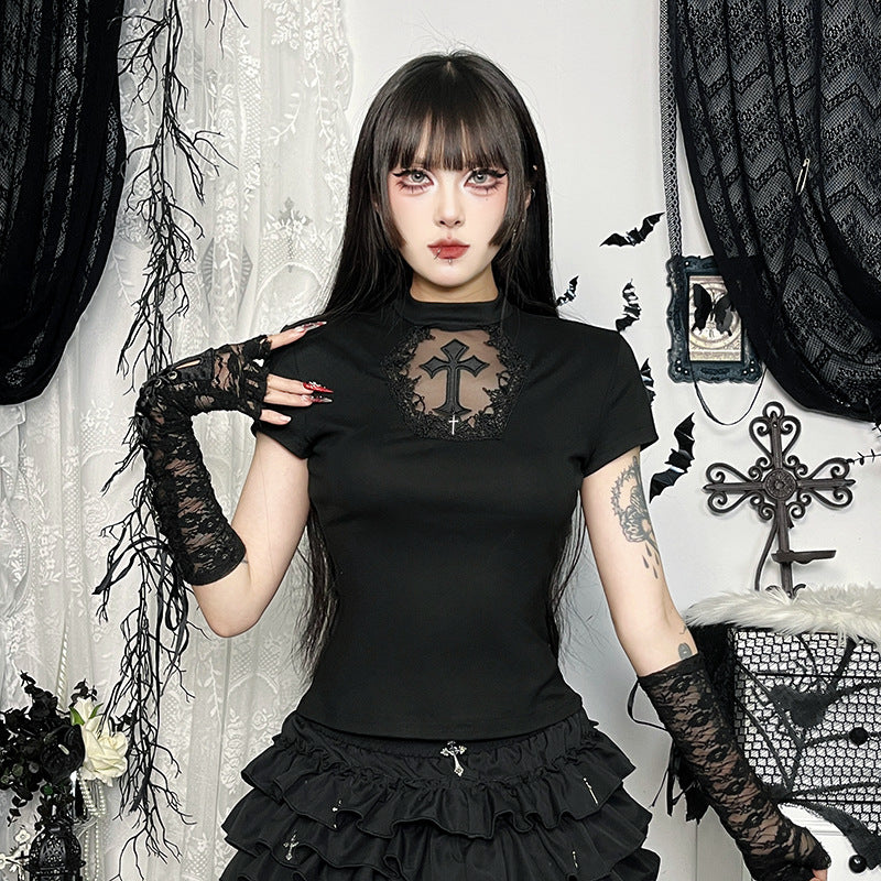 Women Fashion Sexy Gothic Cross Lace T-Shirt