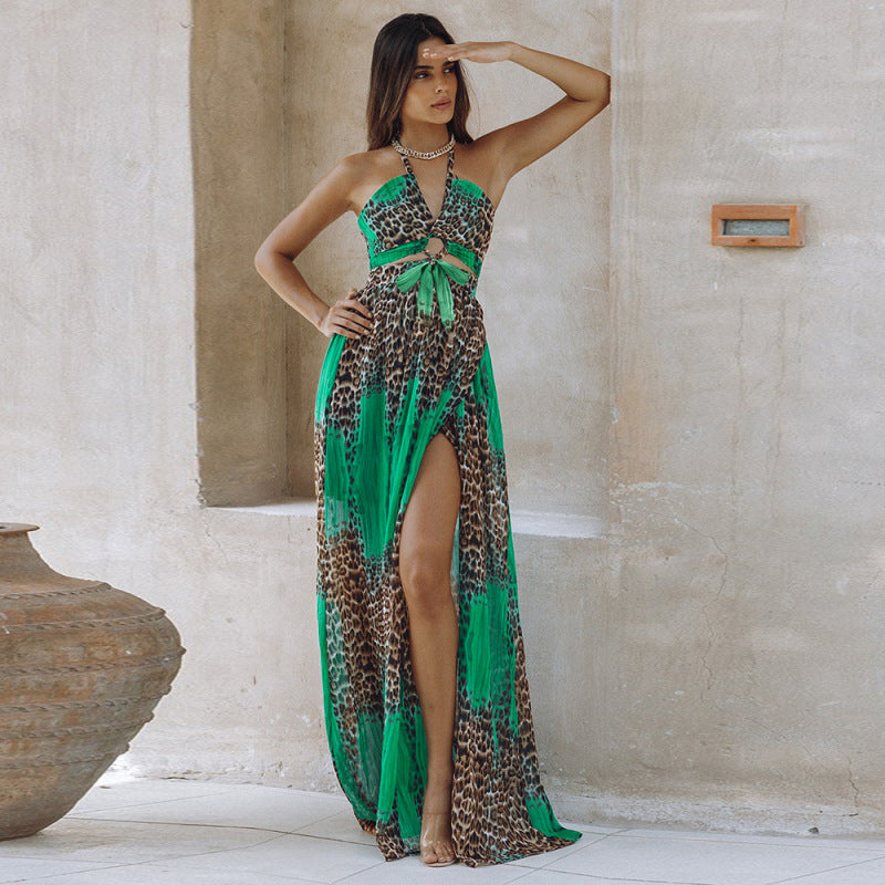Robe élégante bohème à imprimé léopard et dos nu en mousseline de soie pour femme