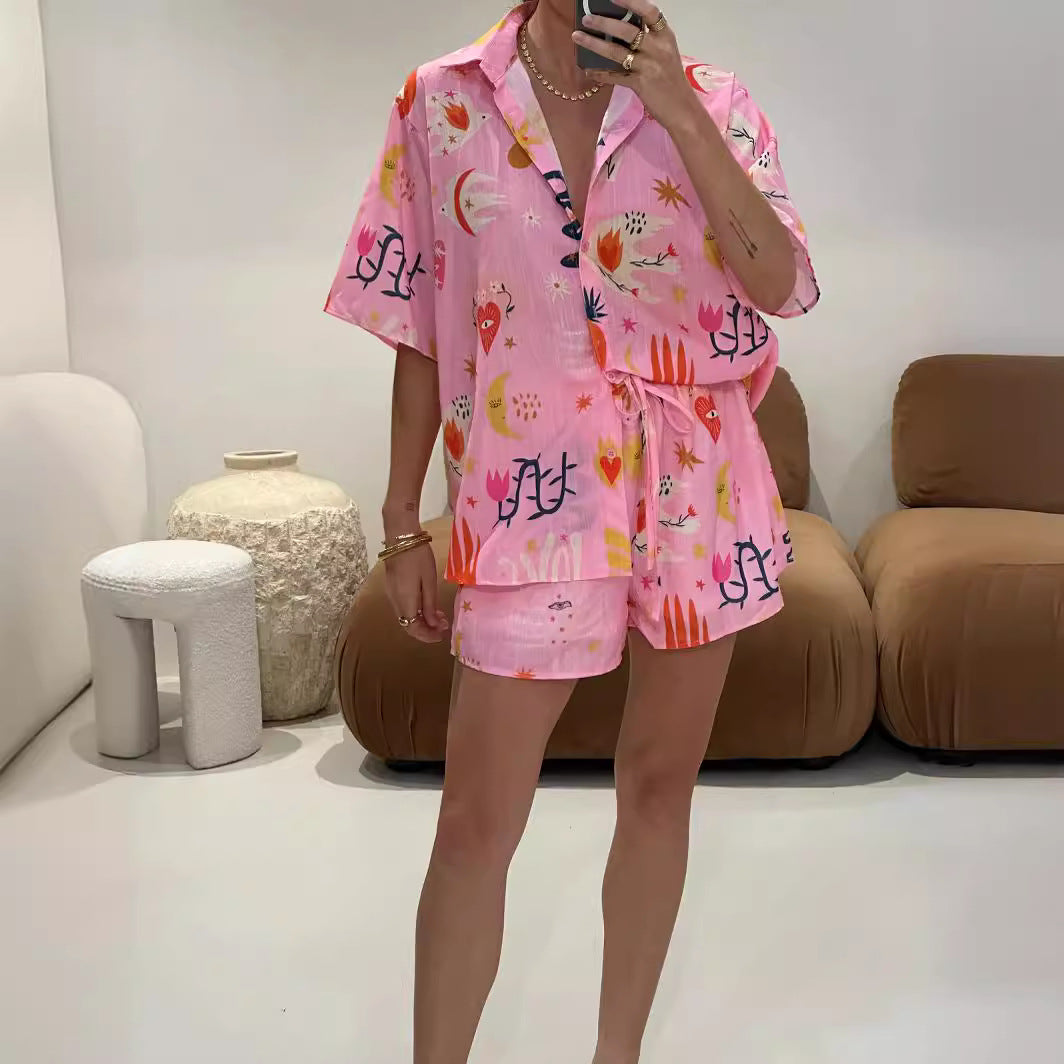 Conjunto de blusa informal de manga corta con solapa y estampado para mujer