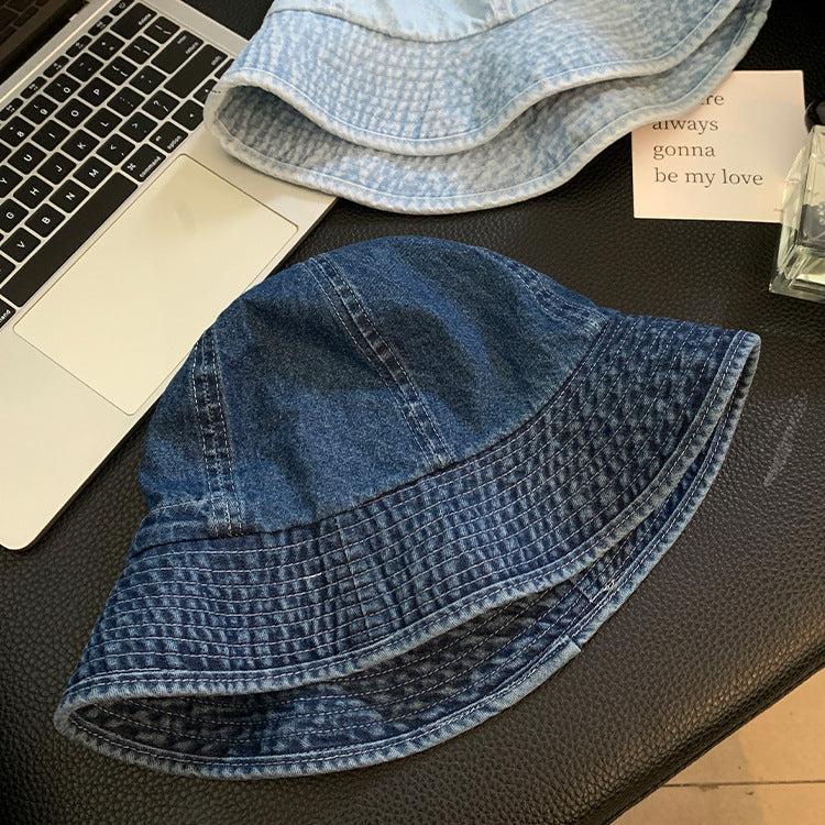 Women Fashion Wide Stripe Denim Bucket Hat in Blue Variants