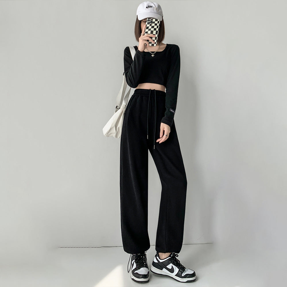 Pantalones deportivos casuales de cintura alta con cordón de color sólido para mujer