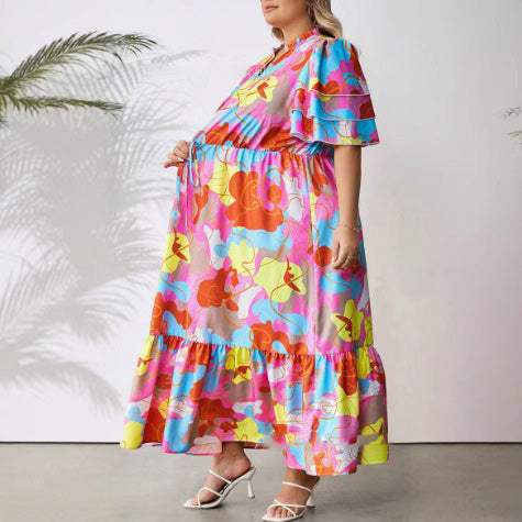 Vestido casual de talla grande con cuello en V y estampado para mujer