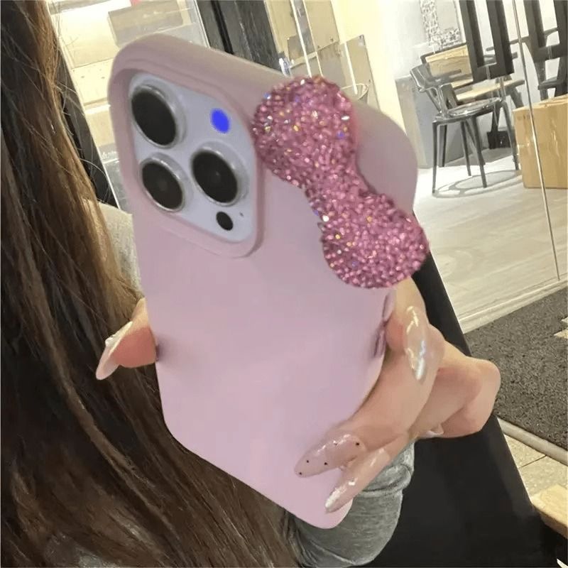 Women Fashion Pink Rhinestone Bowknot TPU Phone Case