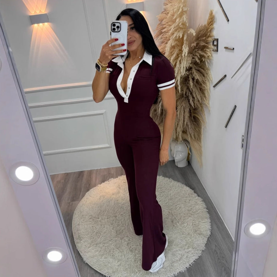 Women Fashion Casual Color-Contrast Lapel V-Neck Jumpsuits