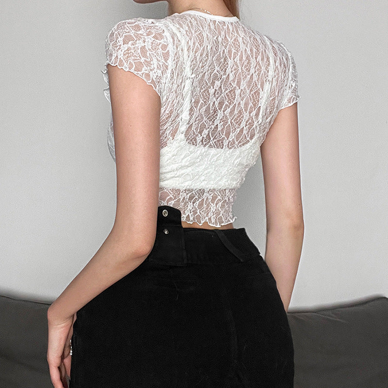 Women Fashion Sexy Lace Perspective Short Sleeve T-Shirt