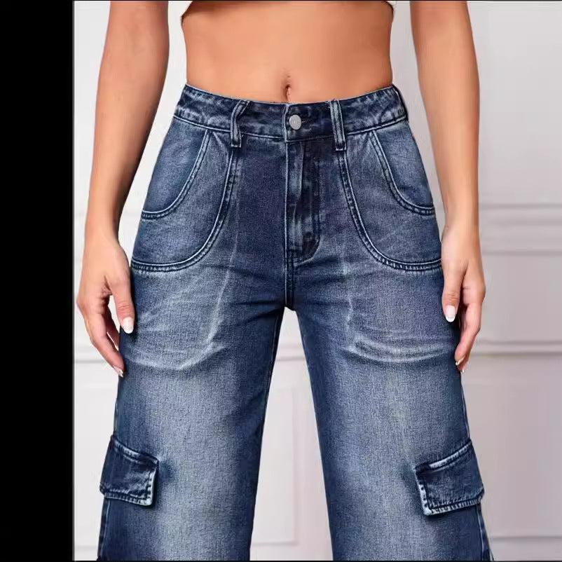 Pantalones cargo de mezclilla de pierna ancha con múltiples bolsillos para mujer