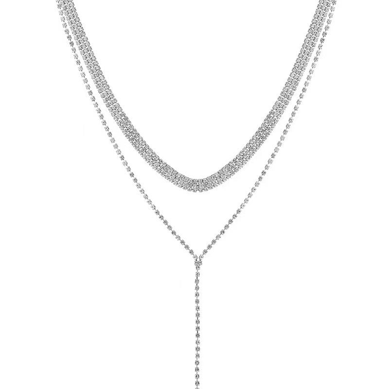 Women Fashion Elegant Long Tassel Zircon Earrings Necklace Set