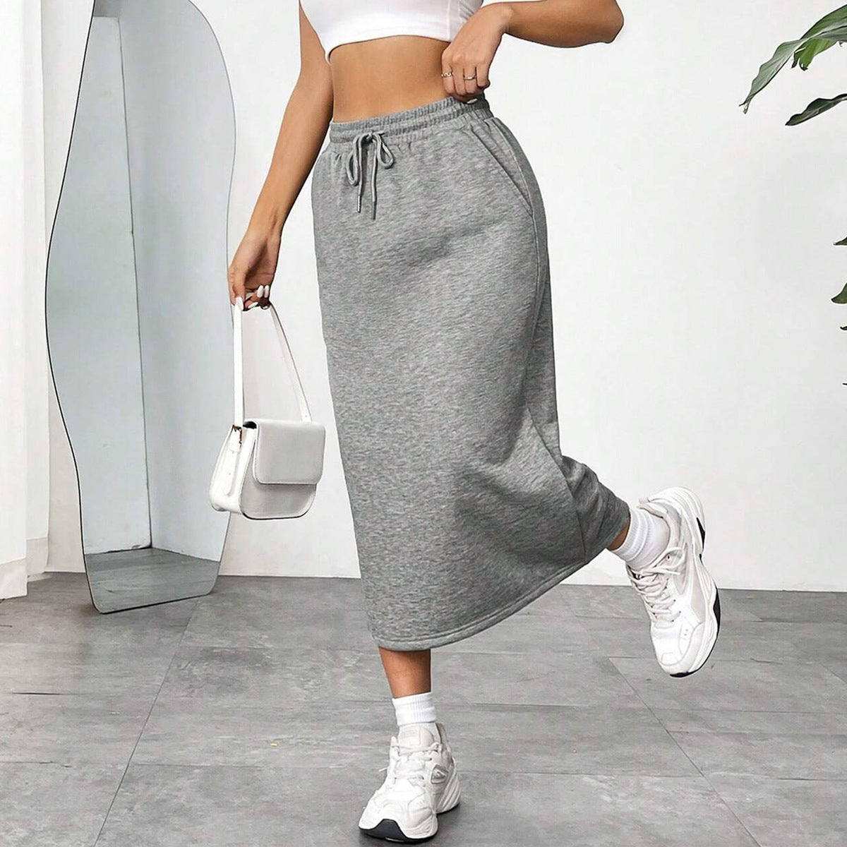 Women Casual Solid Color Polyester Midi Skirt