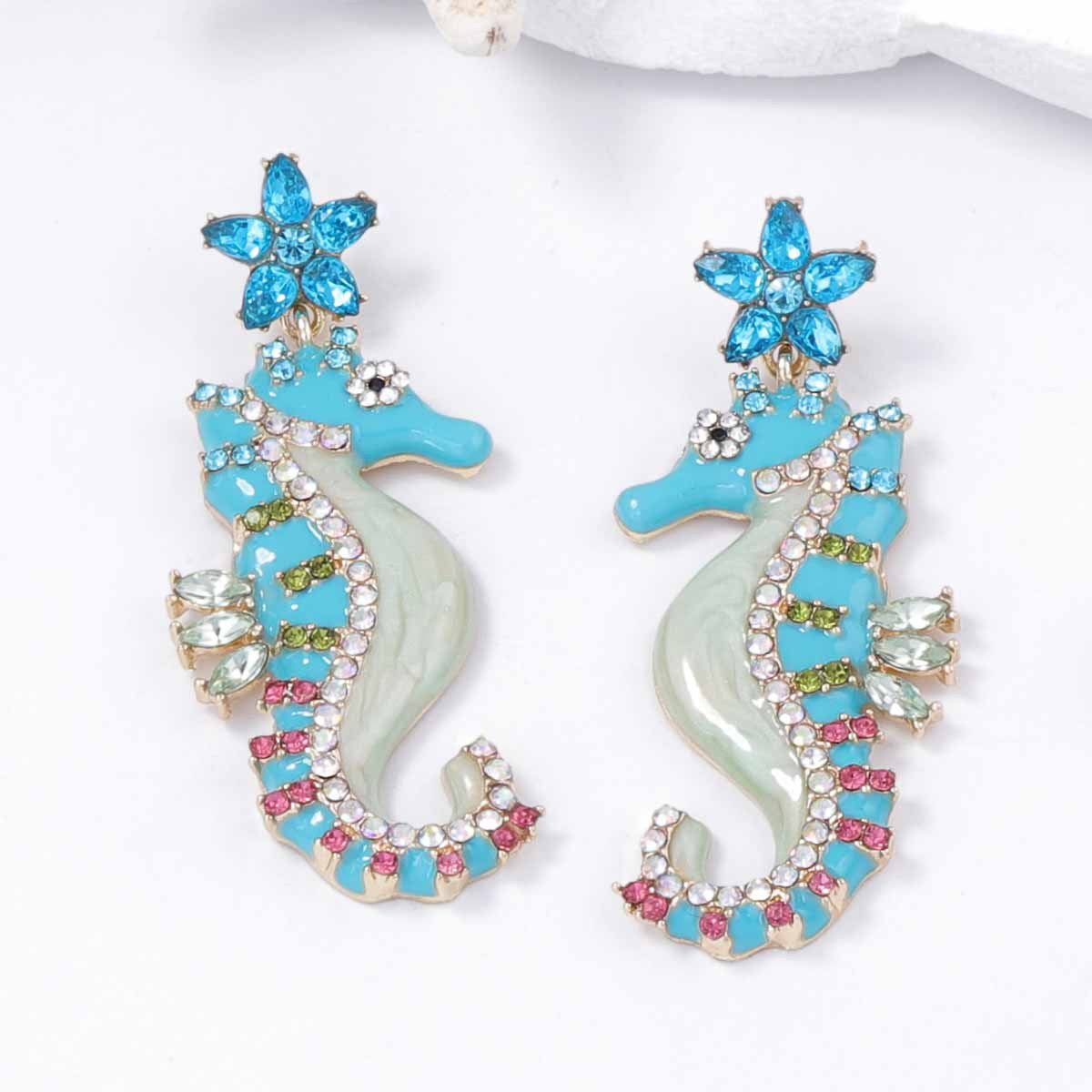 Women Fashion Cute Hippocampus Alloy Rhinestone Earrings