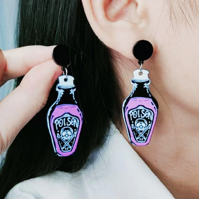 Pendientes exagerados de botella de veneno de esqueleto de Halloween con diseño acrílico