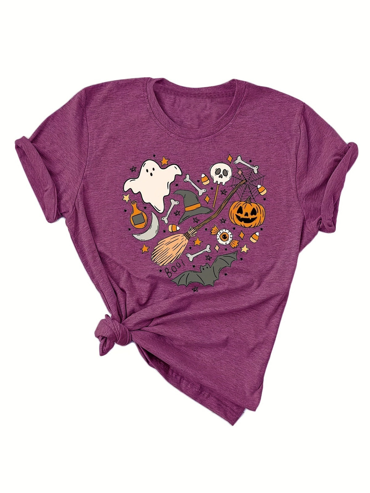 T-shirt col rond en coton imprimé Halloween pour femme