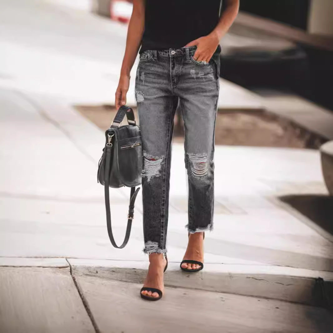 Vaqueros rotos ajustados retro casuales para mujer