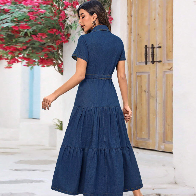 Vestido vaquero informal de manga corta con solapa para mujer