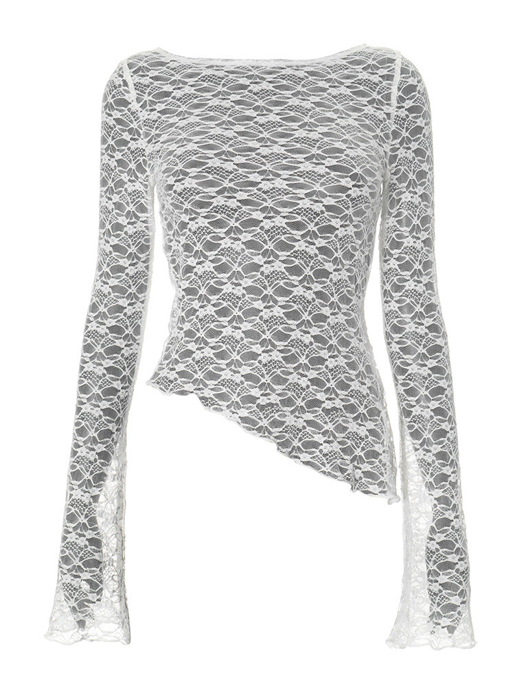 Women Fashion Sexy Solid Color Irregular Lace T-Shirt