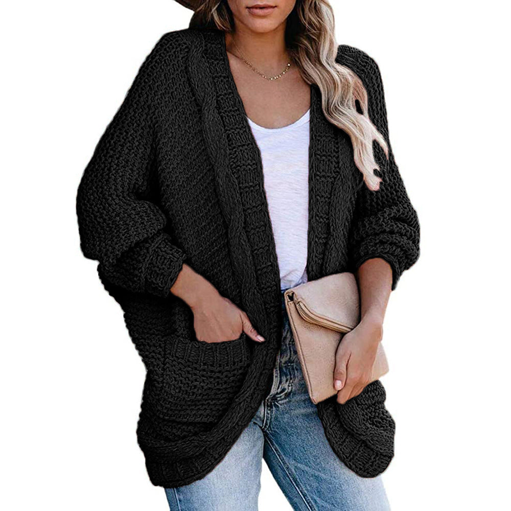 Women Thick Knitted Cardigan Coat with V-Neck