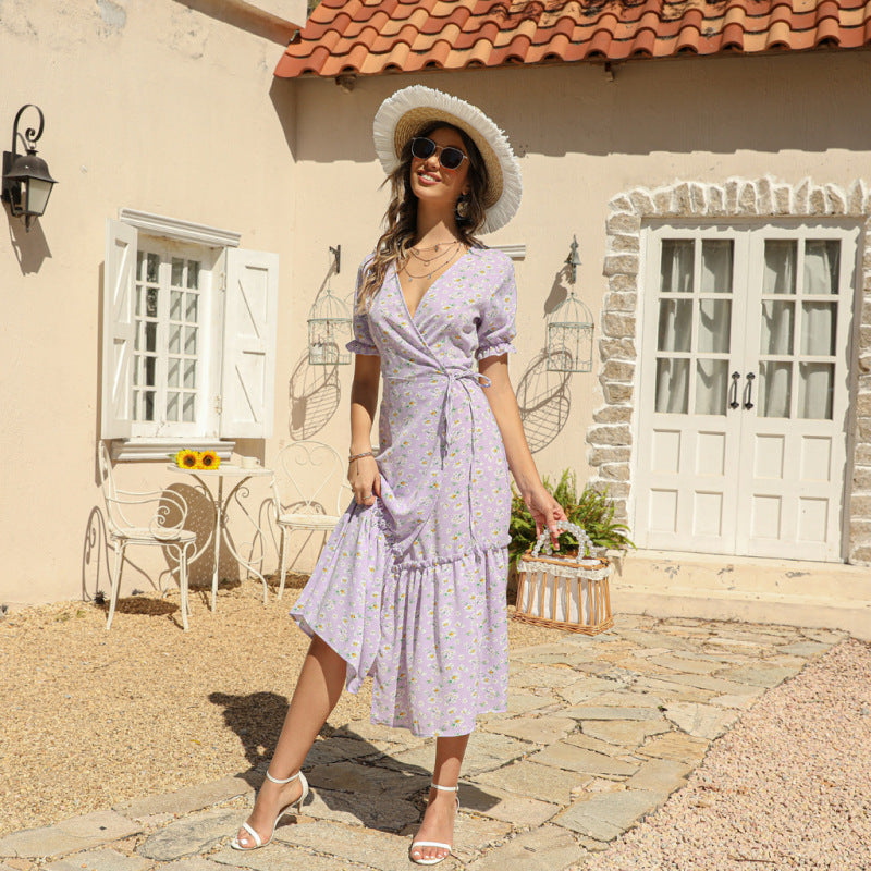 Robe de plage bohème sexy à col en V et imprimé floral en mousseline de soie
