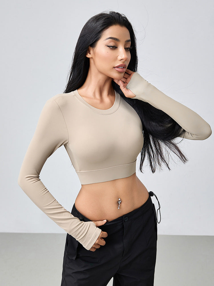 T-shirt de yoga moulant dos nu à manches longues et ajouré