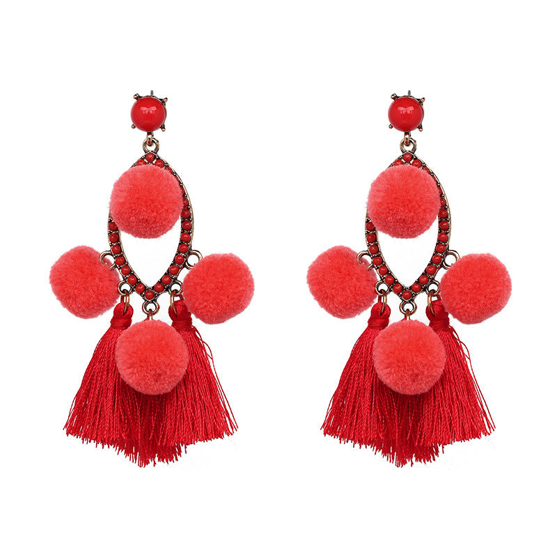 Pendientes bohemios con borlas y pompones pequeños para mujer