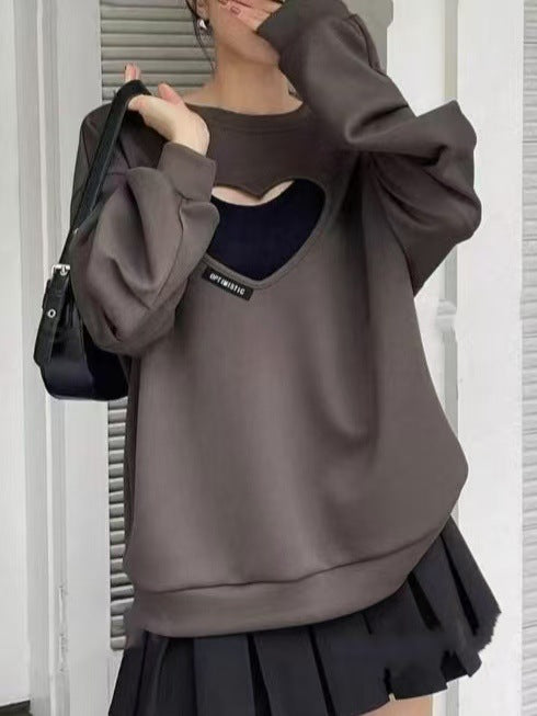 Women Autumn Winter Bat Sleeve Hollow Heart Sweatshirt
