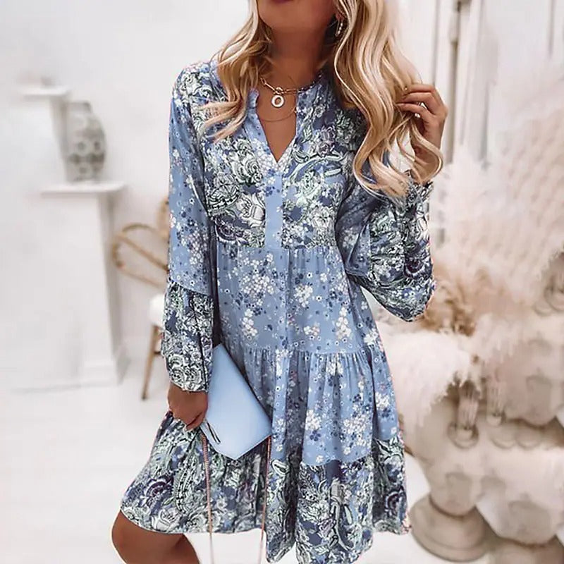 Bohemian Women Elegant Vintage V Neck Ruffled Long Flare Sleeves Mini Dress