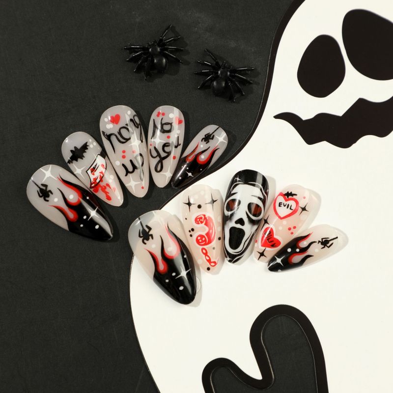 Uñas postizas de araña con llama negra para Halloween para mujer