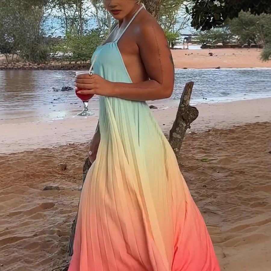 Robe dos nu à col licou et dégradé tendance pour femme en polyester