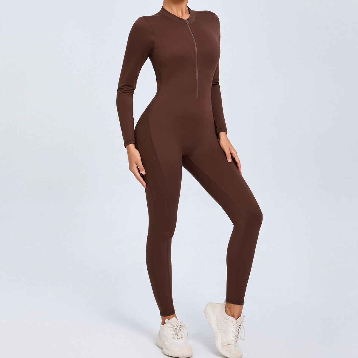 Women Fashion Solid Color Zipper Long-Sleeve Yoga Jumpsuit
