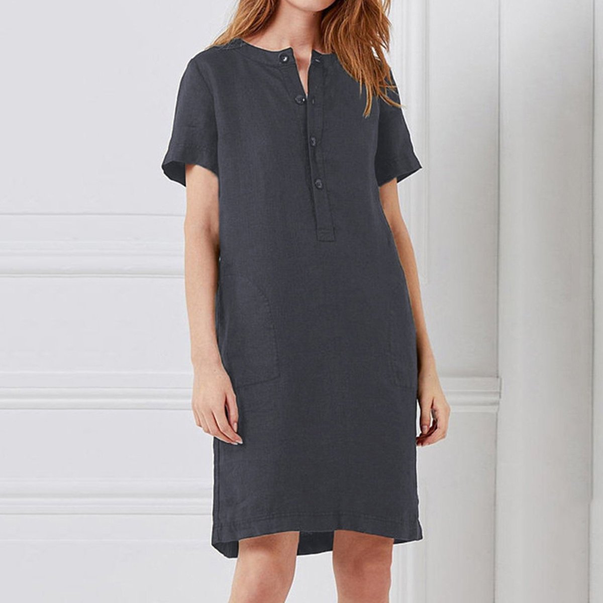 Vestido informal holgado de manga corta de algodón y lino