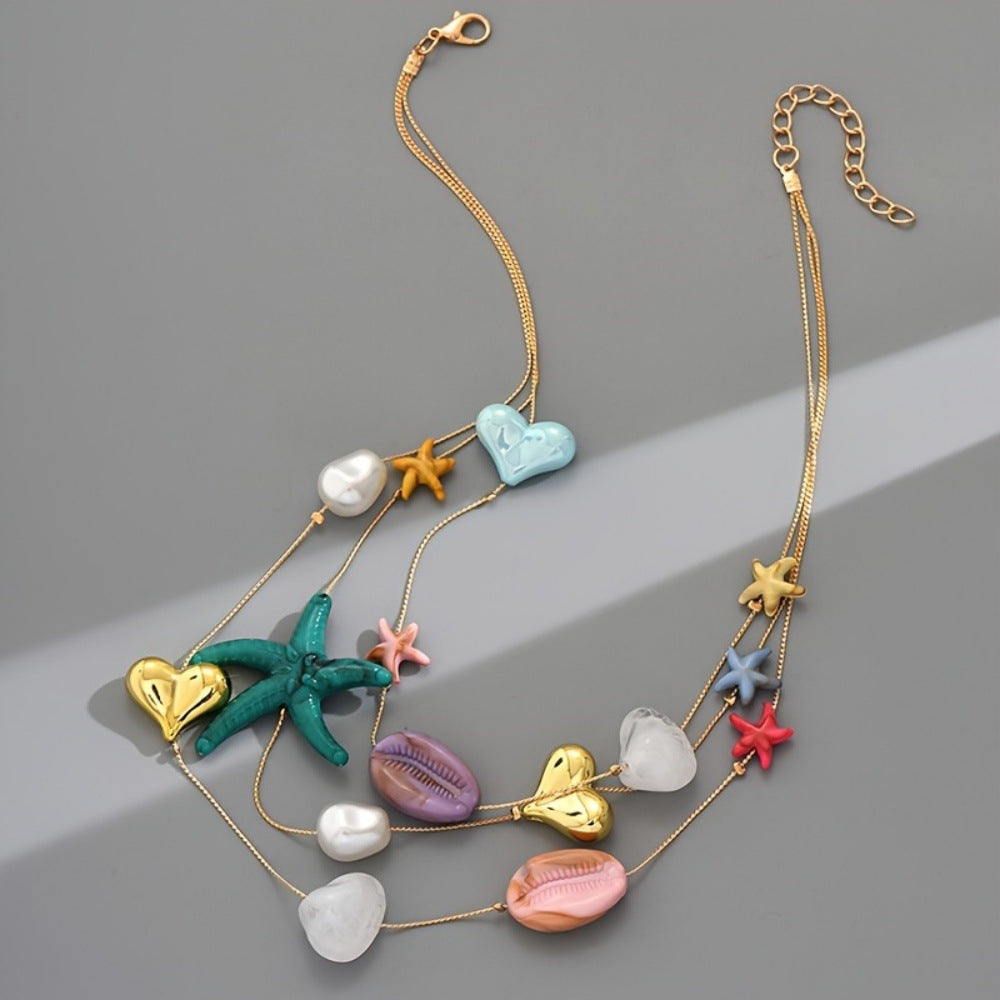 Women Fashion Boho Multi-Layer Starfish Shell Sea Necklace