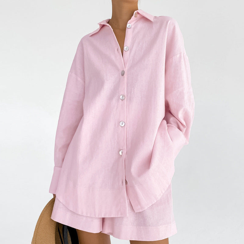 Women Fashion Solid Color Cotton Linen Pajamas Set