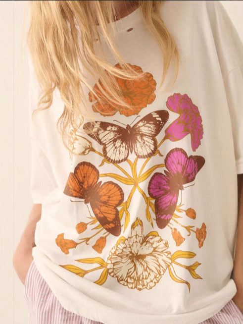 Camiseta informal de manga corta con cuello redondo y estampado para mujer