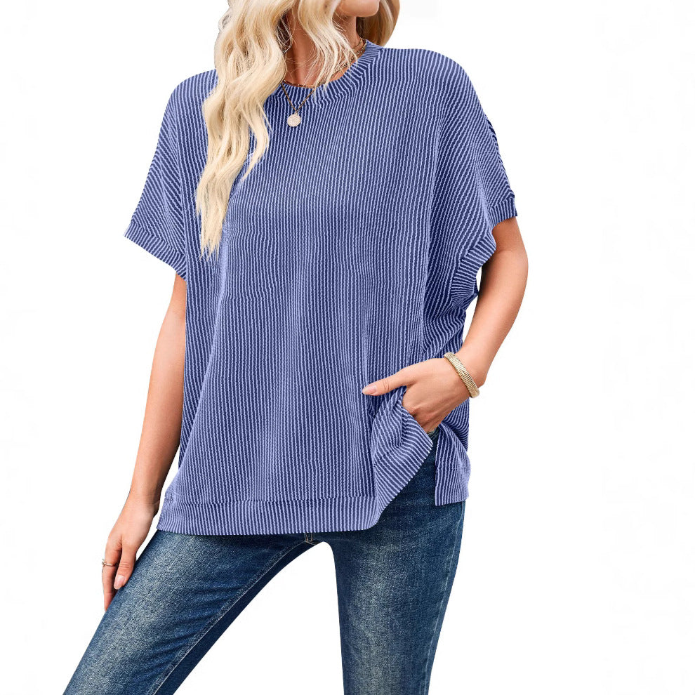 Women Fashion Solid Color Short Sleeve Loose Top