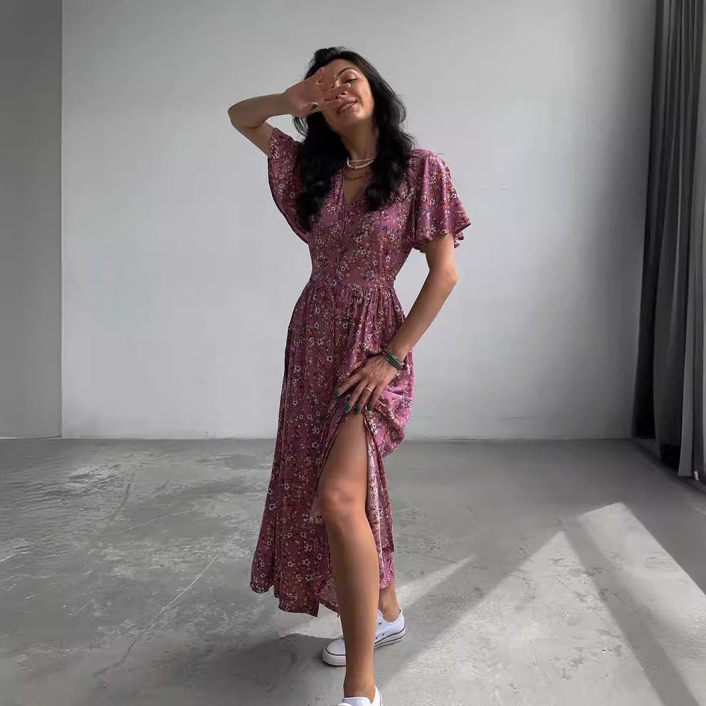 Vestido holgado informal con estampado floral, escote en V y manga corta para mujer