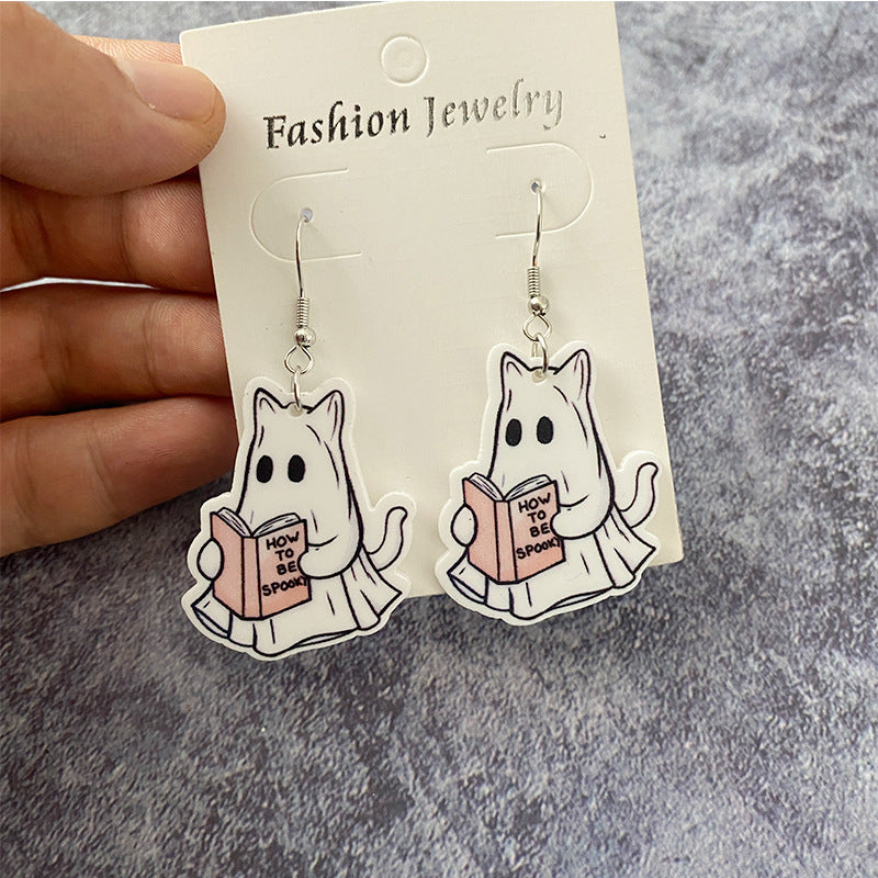 Pendientes acrílicos divertidos y creativos de gato fantasma para Halloween para mujer