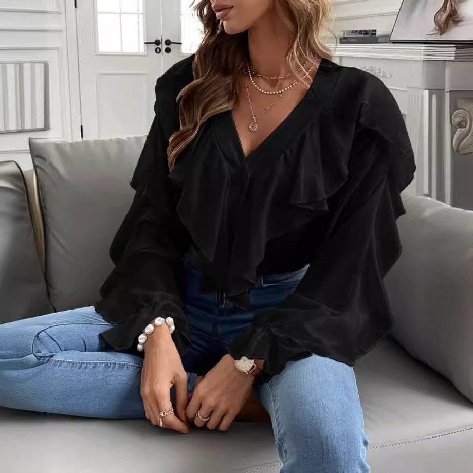 Women Fashion Casual Solid V Neck Ruffled Blouse
