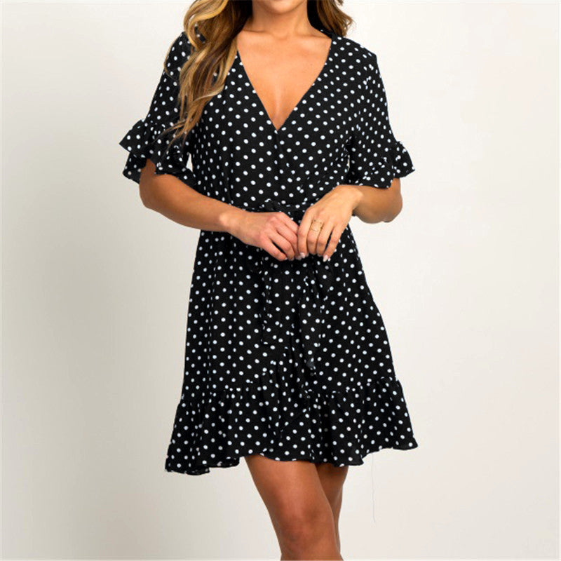 Robe d'été élégante en mousseline de soie style bohème à manches courtes et col en V pour femme