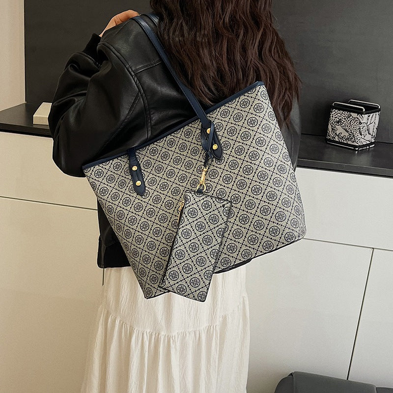 Vintage Large Capacity Printed Tote Bag with Zipper Closure