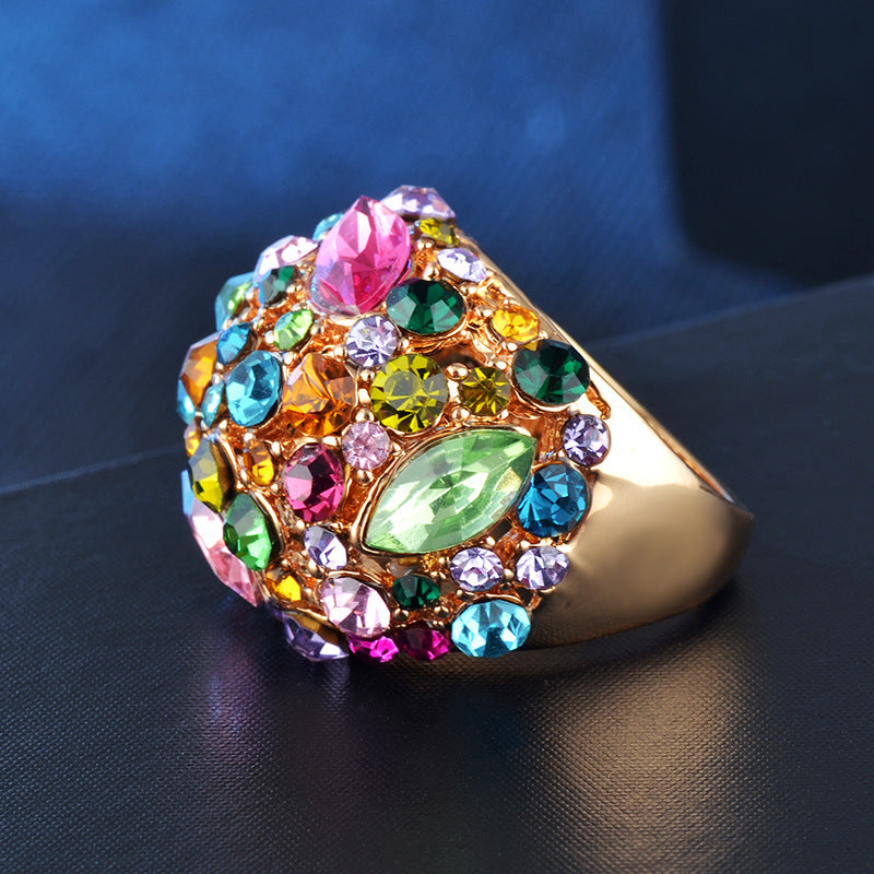 Bague en forme de U en zircon coloré exagéré pour femme, dorée