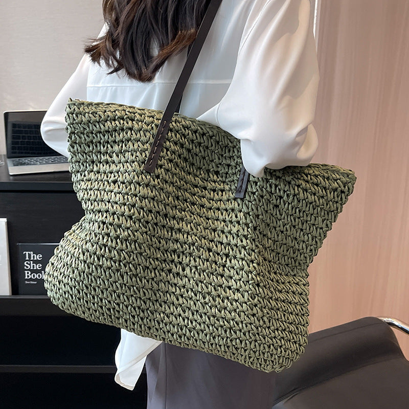 Bolso tote tejido de paja de color sólido, informal, de moda para mujer, con gran capacidad