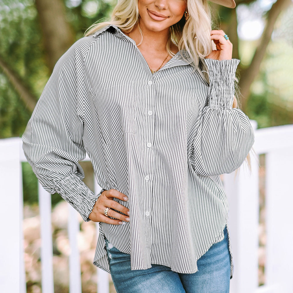Blusa informal de manga larga con solapa y rayas para mujer