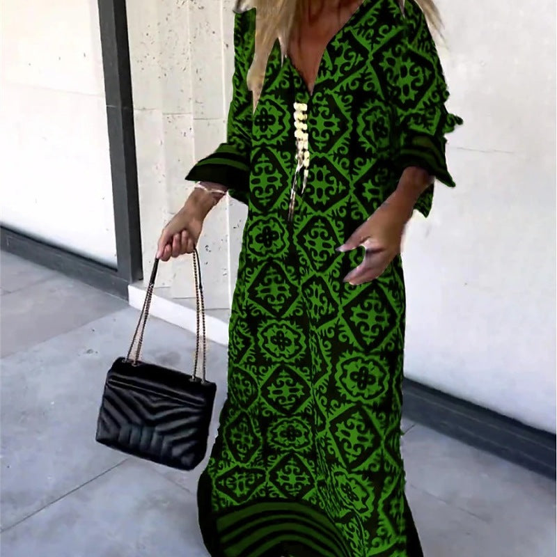 Women Casual Boho Style Geometry Stripe Print Long Sleeve V Neck Maxi Dress