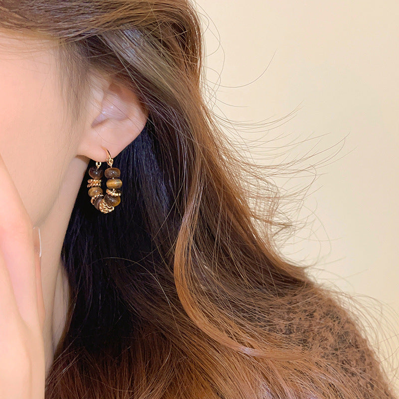 Boucles d'oreilles rétro en perles d'œil de tigre pour femmes, style Maillard Wind