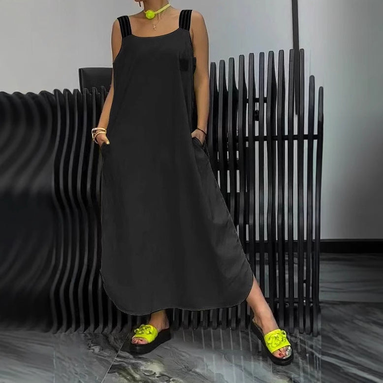 Vestido informal de algodón y lino de color liso para mujer