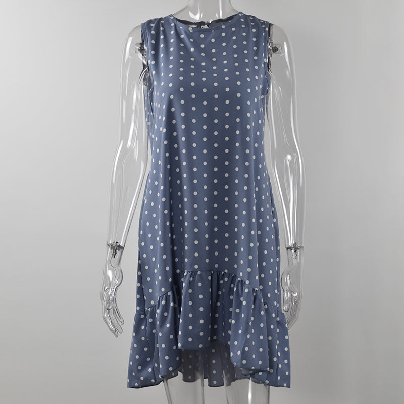 Minivestido playero bohemio de verano con lunares, sin mangas y volantes para mujer