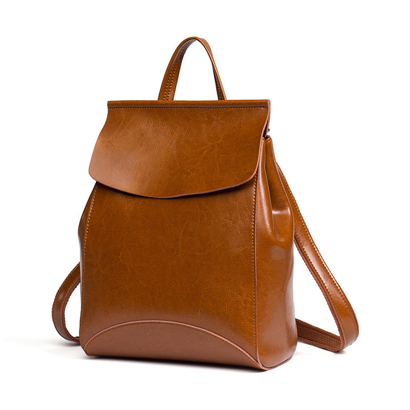 Mochila de cuero simple retro de color sólido para mujer
